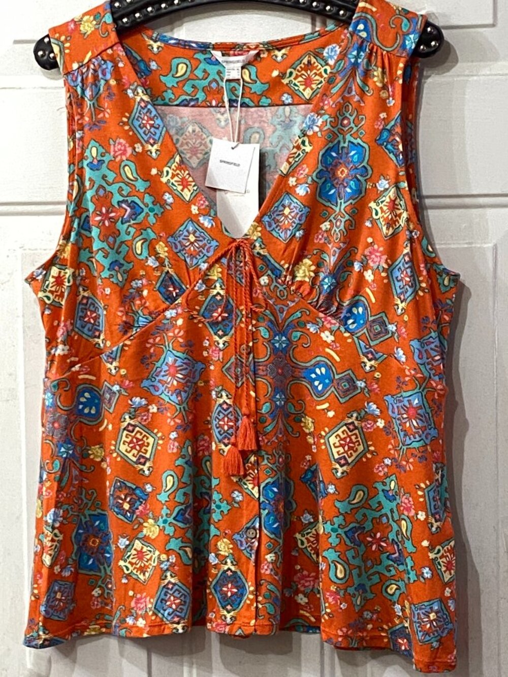 NWT Springfield Sz XL Knit Blouse Sleeveless Orange/ Multicolor  Paisley Tassels